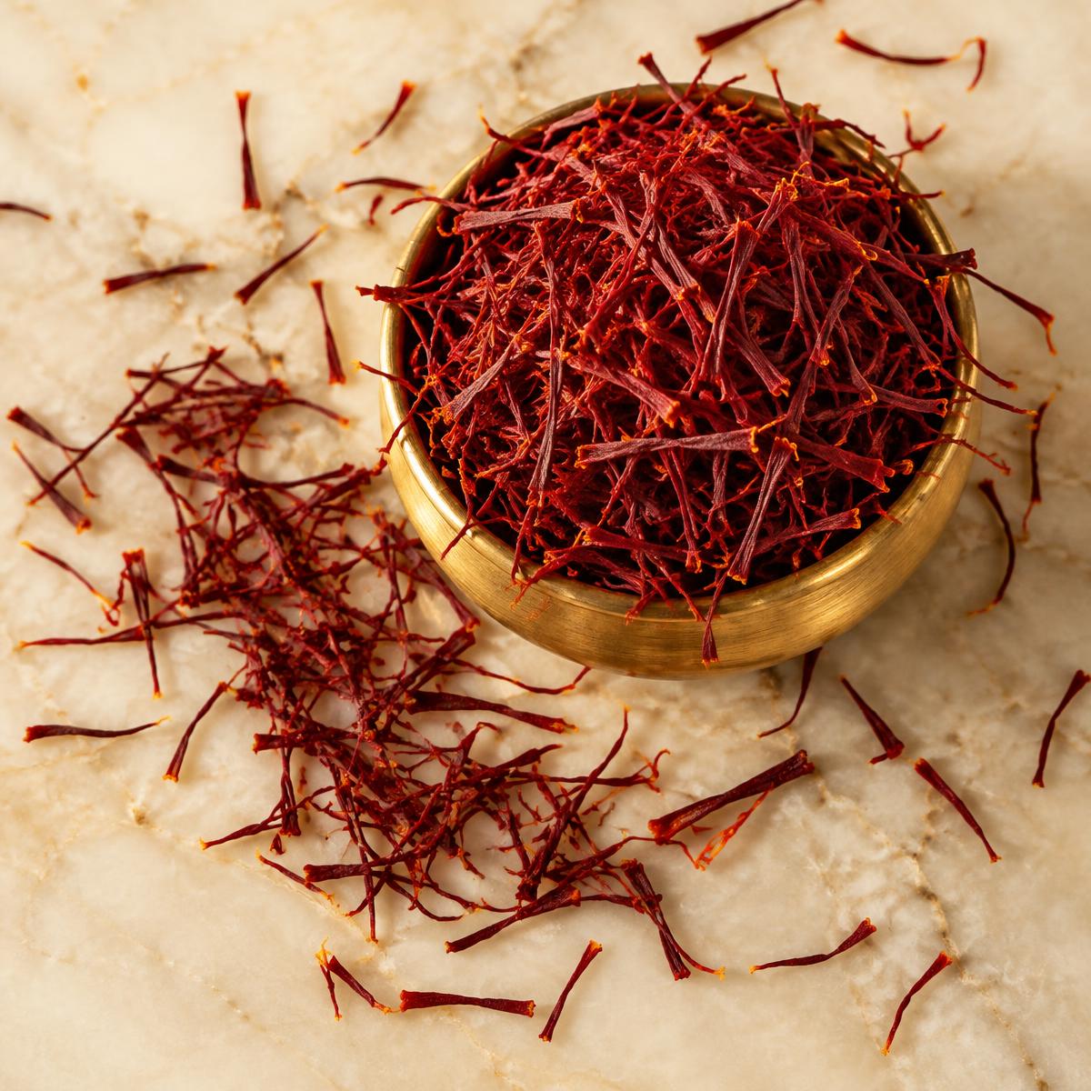 Golden bowl overflowing with saffron strands